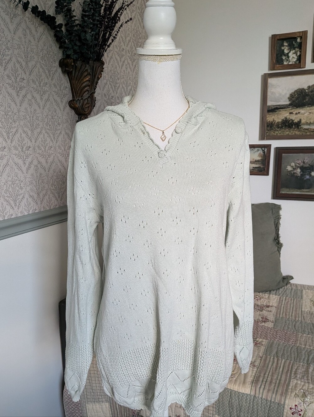 April Cornell Pointelle Cotton Hooded Sweater Celadon Green M
